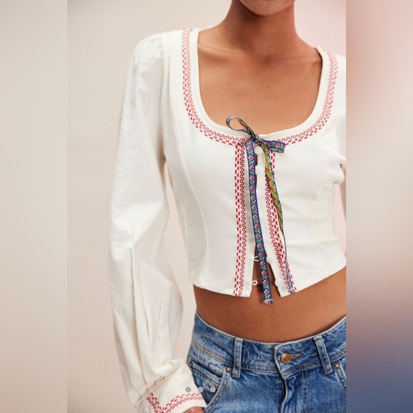 NWT Women's Free People White Boho Mada Top Corset style w/ exaggerated sleeves - Picture 4 of 11